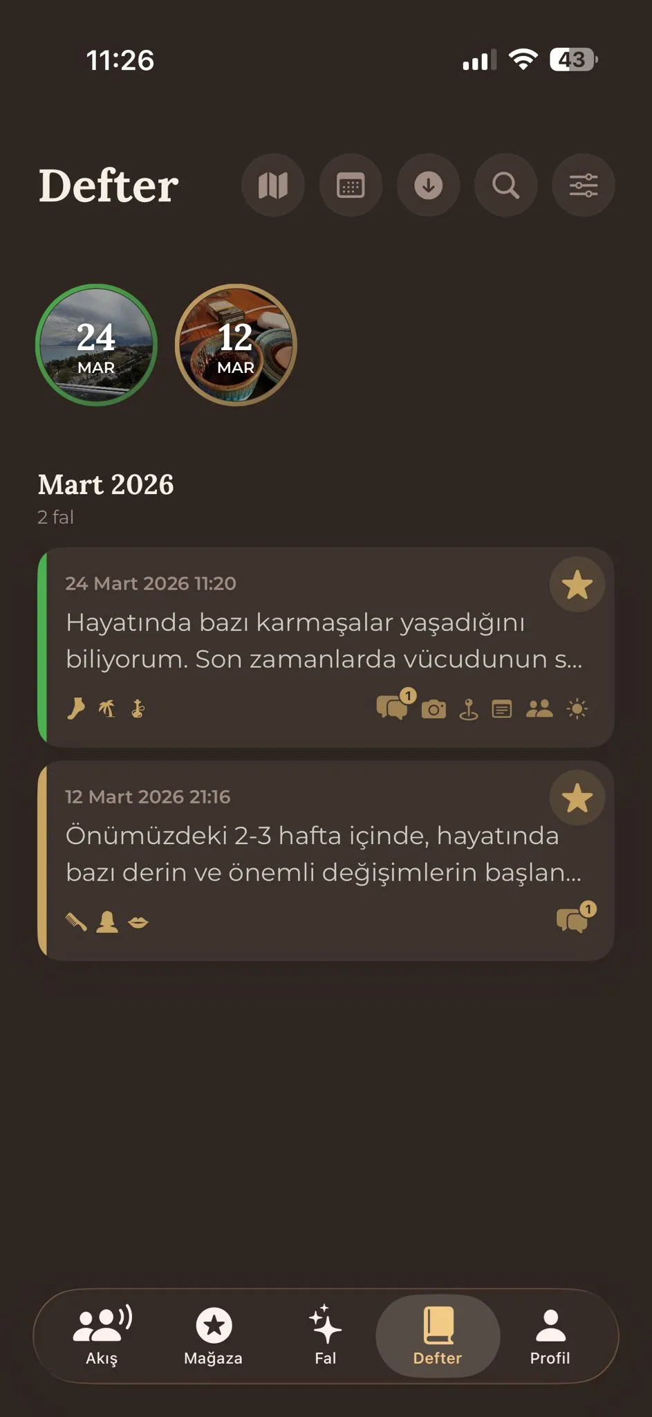 Kahve falı geçmişi defter görünümü - tüm fallar tek yerde